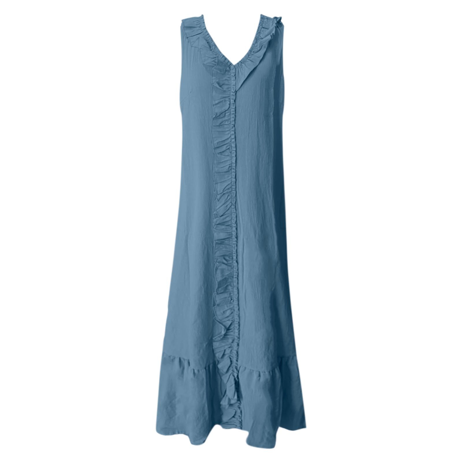 thumbnail image 4 of Vestido largo con cuello en V para mujer - Botones en la parte delantera, volantes - Sin mangas, corte A - Playa/fiesta - Tallas S-XXL, 4 of 4